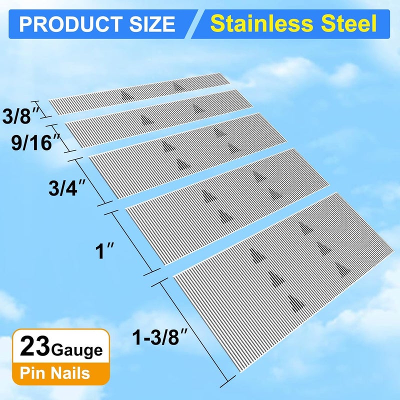 SimCos 23 Gauge Stainless Steel Pin Nails Headless Pinner Nails (3/8",9/16",3/4",1",1-3/8") Assorted 5 Sizes for Molding Cabinetry Building Assembly (5000) - Image 2